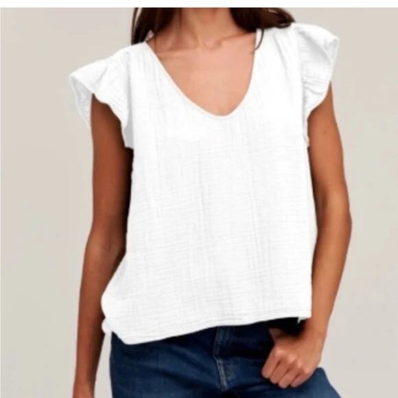 Three Dots White cotton gauze v neck flutter sleeve  Relaxed fit blouse Sz LARGE - Picture 1 of 10